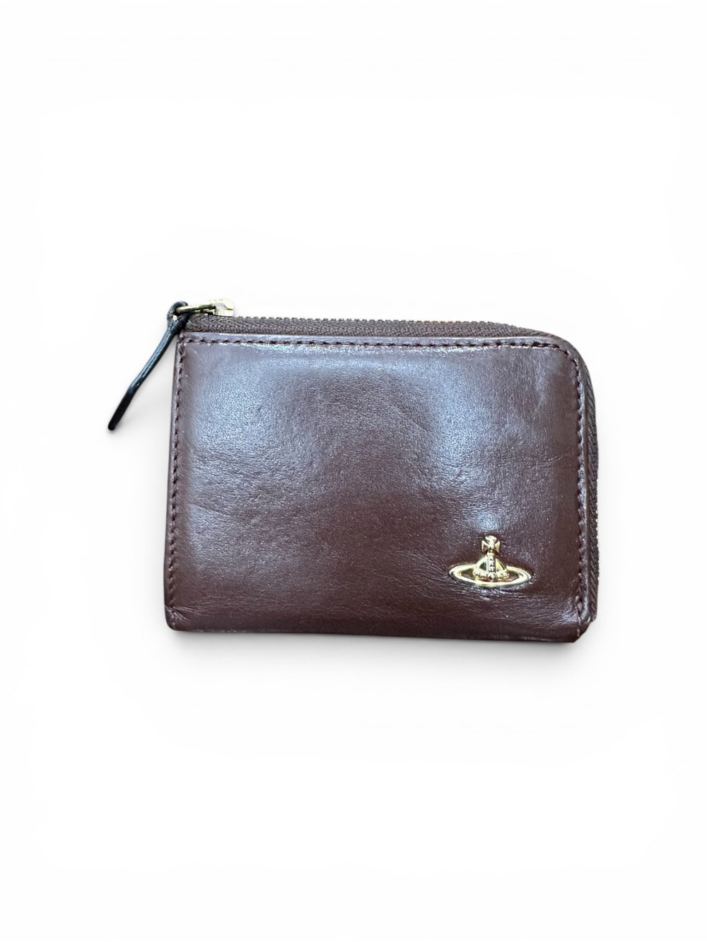 Vivienne Westwood Dark Brown Leather Zip Card Case with Gold Orb